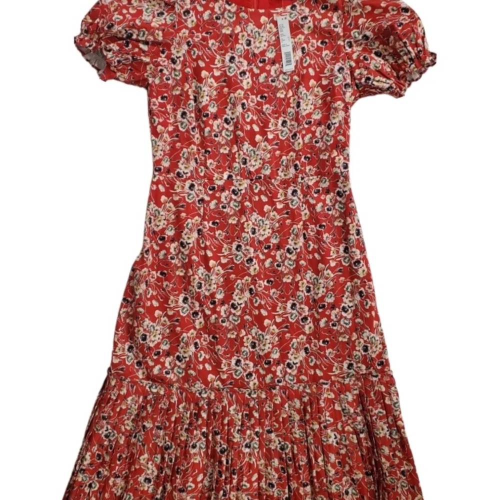 Antonio Melani Chloe Red Floral Cottagecore Dress Size 10 Pleated Hem Boho Chic